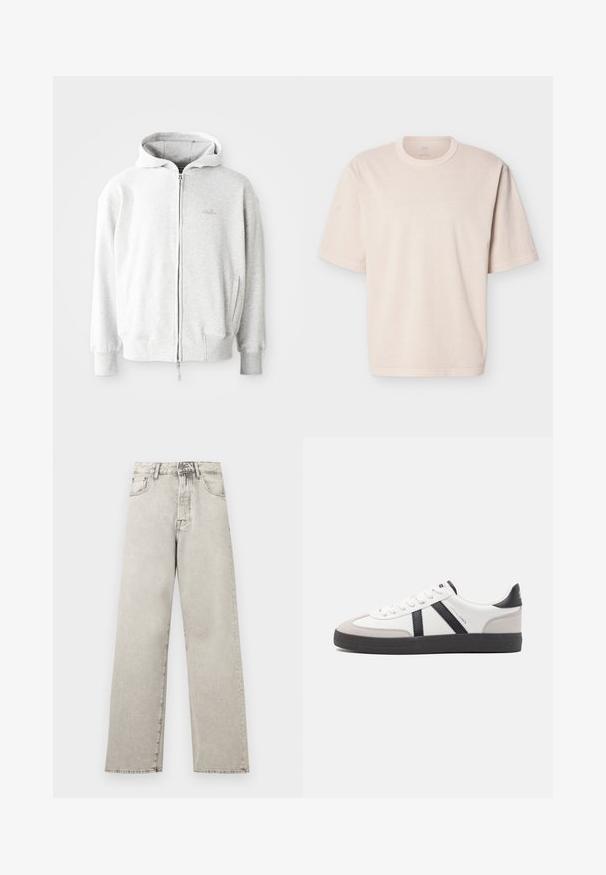 Lys grå zip-up hoodie med snor i hætten, ribbede manchetter og kant, samt et lille logo på brystet. Fremstillet af blødt bomuldsblandingstof.; Beige oversized T-shirt med korte ærmer, rund hals og enkel syning, vist fladt på en hvid baggrund.; Lysegrå denimjeans med høj talje, lige ben, forlommer, bæltestropper samt knap- og lynlåslukning.; Hvide sneakers med sorte og grå detaljer, med en tekstureret grå tåhætte, sort gummisål og flade hvide snørebånd. Rent design, minimalistisk stil.