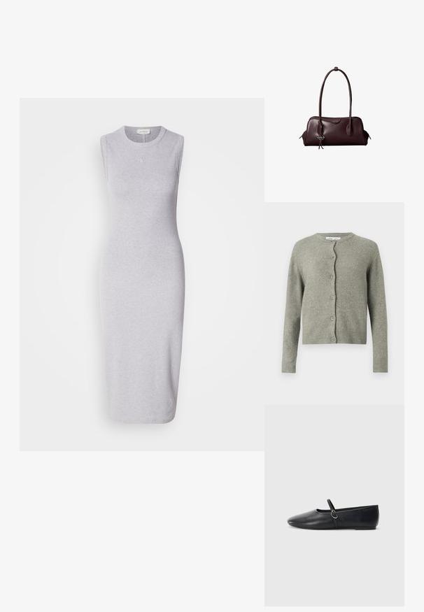 Cardigan gris en maille avec un col rond, des manches longues et une fermeture à boutons sur le devant. Il présente une texture douce ainsi que des poignets et un ourlet côtelés.; Robe midi sans manches grise en tissu mélange de coton. Dotée d'un col rond et d'un détail de logo subtil sur la poitrine. Texture lisse.; Ballerines noires en cuir avec un bout pointu, une semelle plate et une petite sangle avec un détail de boucle en argent.; Sac à main en cuir brun foncé Calvin Klein avec de longues poignées doubles et un petit porte-clé logo suspendu à une poignée.