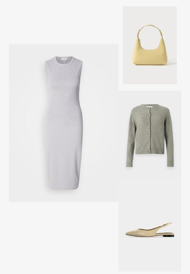 Cardigan gris en maille avec un col rond, des manches longues et une fermeture à boutons sur le devant. Il présente une texture douce ainsi que des poignets et un ourlet côtelés.; Robe midi sans manches grise en tissu mélange de coton. Dotée d'un col rond et d'un détail de logo subtil sur la poitrine. Texture lisse.; Chaussure plate beige à bout pointu avec bride arrière, petit talon noir et finition en cuir lisse, vue de côté sur un fond uni.; Sac à main en cuir jaune avec une silhouette incurvée, une bandoulière courte réglable et un compartiment zippé. Présente un logo subtil à l'avant.