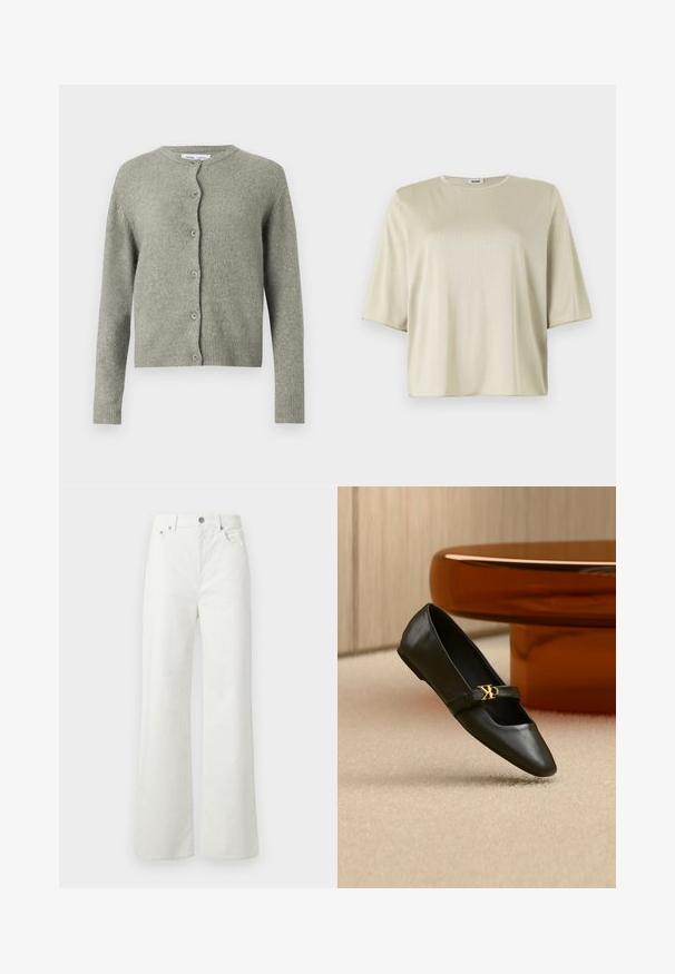 Cardigan gris en maille avec un col rond, des manches longues et une fermeture à boutons sur le devant. Il présente une texture douce ainsi que des poignets et un ourlet côtelés.; T-shirt à manches courtes, loose fit en beige clair, avec un col rond et une texture douce, fabriqué à partir d'un matériau léger et lisse.; Samsøe Samsøe SHELLY - Jean boyfriend - clear cream; Chaussure plate en cuir noir avec bout pointu et logo CK doré sur la bride, posée sur un tapis beige près d'une table ronde couleur ambre brun.