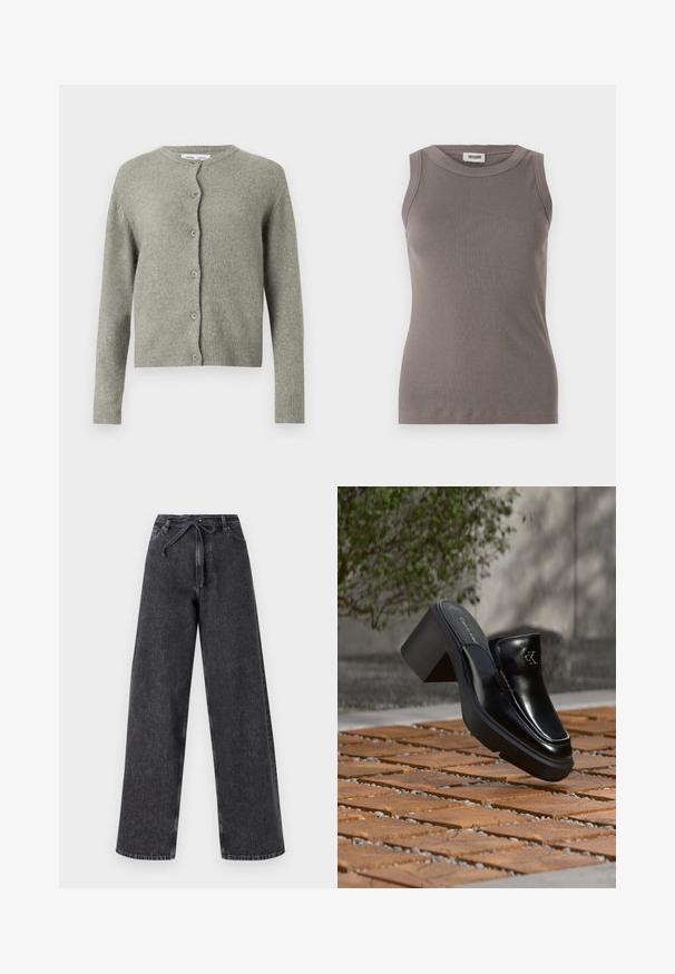 Cardigan gris en maille avec un col rond, des manches longues et une fermeture à boutons sur le devant. Il présente une texture douce ainsi que des poignets et un ourlet côtelés.; Débardeur gris côtelé avec un col rond et un design sans manches, fabriqué à partir d'un tissu doux et texturé. Silhouette simple et ajustée.; Jean en denim noir taille haute et jambes larges avec une fermeture à cordon. Présente une texture délavée et des détails de couture subtils.; Mule slip-on en cuir noir Calvin Klein avec talon bloc reposant sur des carreaux en bois à l'extérieur près d'une plante verte et d'un mur gris.