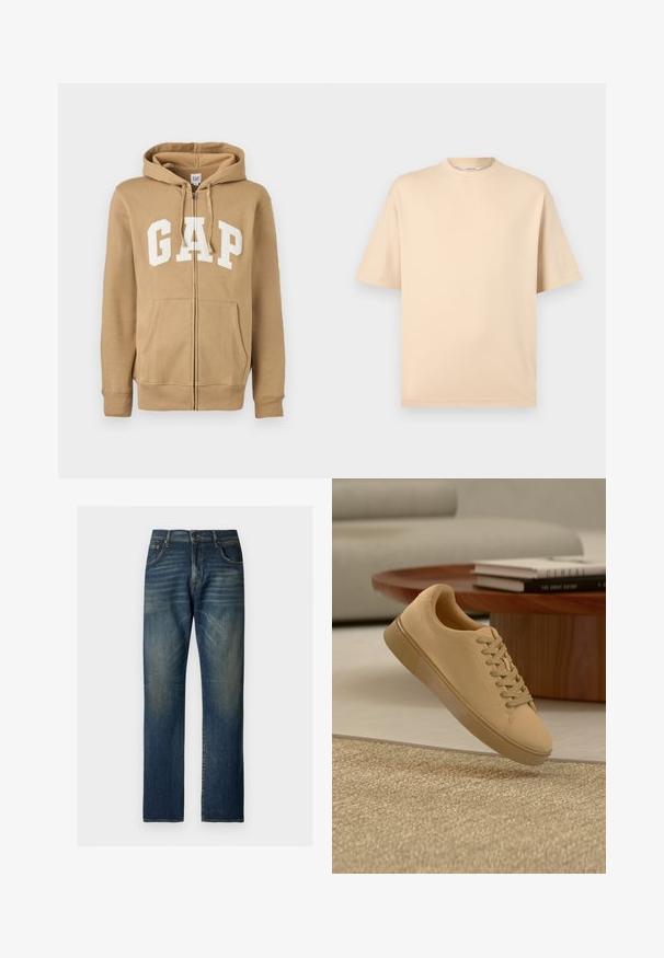 Beige Zip-Hoodie mit einer Vordertasche und weißen "GAP"-Logo. Aus weichem Stoff gefertigt, mit gerippten Bündchen und Saum.; Beige oversized T-Shirt mit kurzen Ärmeln, Rundhalsausschnitt und minimalen Nähten auf hellgrauem Hintergrund.; Blaue Jeans mit geradem Bein, ausgewaschenen Details, Frontknopfverschluss und Fünf-Taschen-Design, auf weißem Hintergrund dargestellt.; Beiger geschnürter Sneaker, der über einem strukturierten Teppich mit Holzcouchtisch und gestapelten Büchern im verschwommenen Hintergrund schwebt.