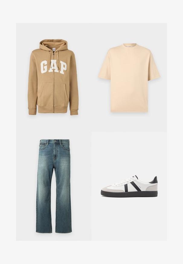 Hoodie zippé en tan avec une poche avant et un logo "GAP" blanc. Fabriqué en tissu doux avec des poignets et un ourlet côtelés.; T-shirt beige surdimensionné à manches courtes, col rond, avec coutures minimales sur fond gris clair.; Jeans en denim bleu clair avec une coupe droite, un léger délavage, cinq poches et des passants de ceinture. Comprend des accents de couture et une fermeture à bouton.; Baskets blanches avec des accents noirs et gris, présentant un embout texturé gris, une semelle en caoutchouc noir et des lacets plats blancs. Design épuré, style minimaliste.
