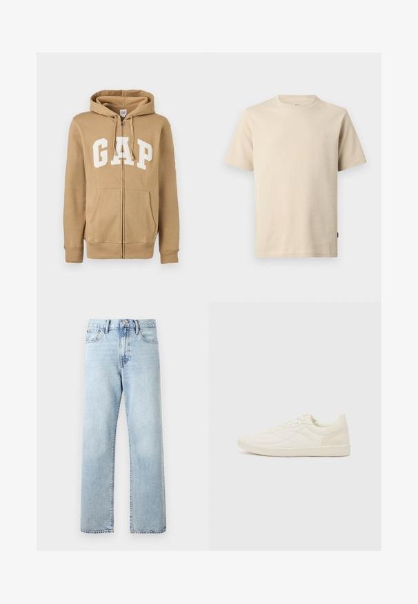 Beige Zip-Hoodie mit einer Vordertasche und weißen "GAP"-Logo. Aus weichem Stoff gefertigt, mit gerippten Bündchen und Saum.; Beiges kurzärmeliges T-Shirt aus Baumwolle mit Rundhalsausschnitt, minimalen Nähten und einem kleinen tonalen Logo auf der linken Brust.; Hellblaue, hoch taillierte Jeans mit geradem Bein, Vordertaschen, Knopfverschluss und Gürtelschlaufen auf einfachem Hintergrund.; ALDO THEPITCH - Sneaker low - white