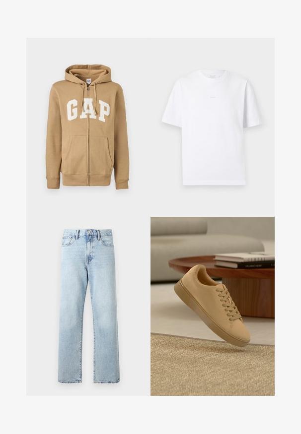 Tanskleurige zip-up hoodie met een voork pocket en wit "GAP" logo. Gemaakt van zacht materiaal met ribgebreide manchetten en onderrand.; Effen wit T-shirt met korte mouwen en een ronde hals, voorzien van een subtiel klein logo in het midden van de borst, weergegeven op een witte achtergrond.; Lichtblauwe denim jeans met hoge taille en rechte pijpen, met voorzakken, knoopsluiting en riemlussen op een effen achtergrond.; Beige vetersneaker die boven een gestructureerd tapijt zweeft, met een houten salontafel en gestapelde boeken op een wazige achtergrond.