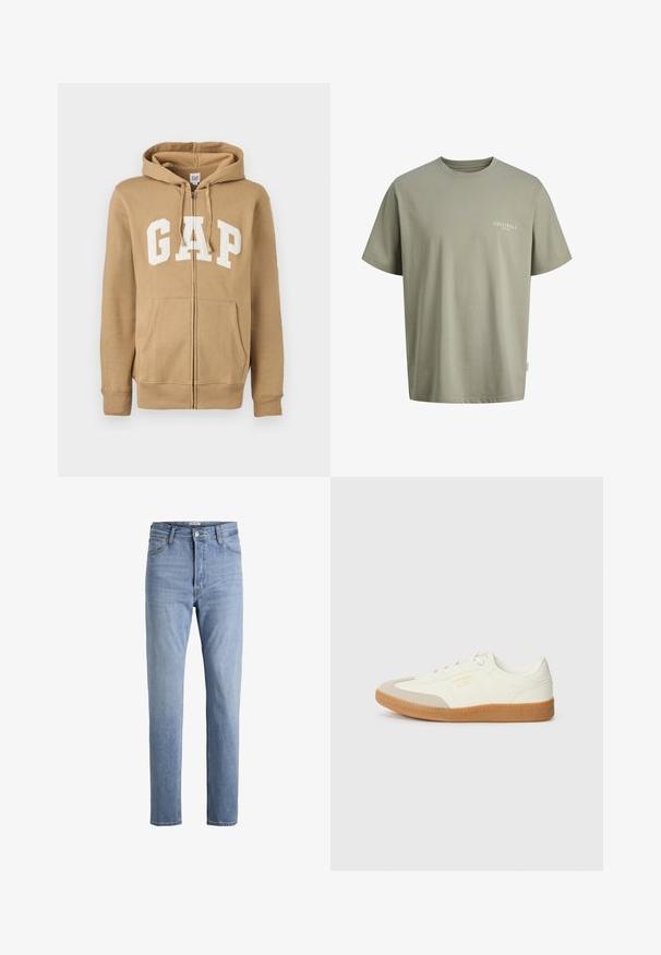 Beige Zip-Hoodie mit einer Vordertasche und weißen "GAP"-Logo. Aus weichem Stoff gefertigt, mit gerippten Bündchen und Saum.; Hell olivgrünes T-Shirt mit kurzen Ärmeln und Rundhalsausschnitt mit dem Text "ORIGINALS COPENHAGEN" auf der linken Brust.; Hellblaue Jeans mit geradem Bein, hoher Taille, vorn mit Knöpfen und Reißverschluss, Gürtelschlaufen sowie Taschen vorne und hinten.; Sneaker aus weißem Leder mit einer beigen Zehenkappe und leichter brauner Gummisohle. Verfügt über flache weiße Schnürsenkel und geprägtes Branding an der Seite.