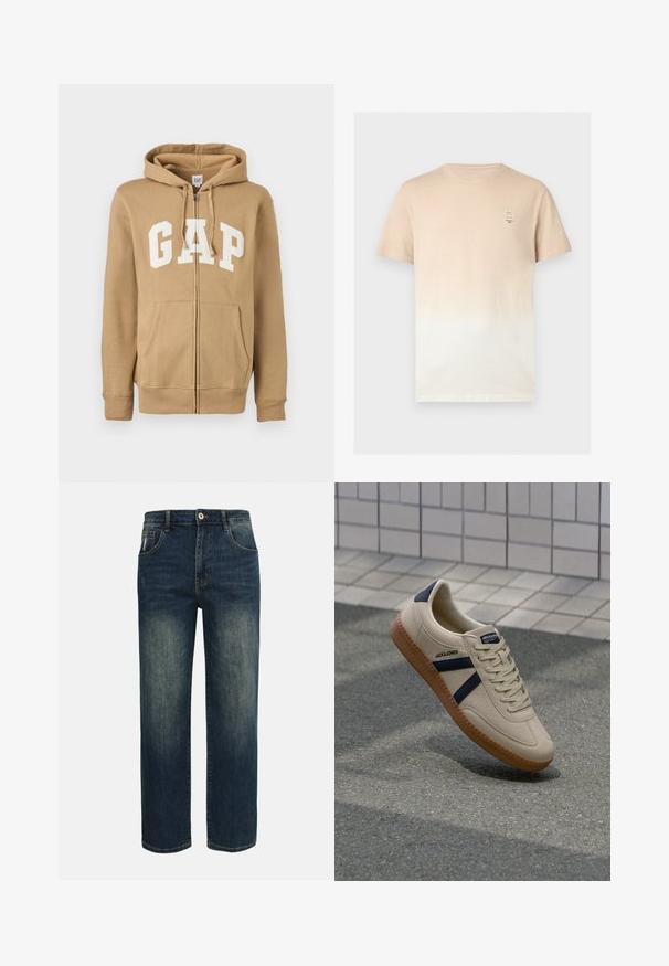 Beige Zip-Hoodie mit einer Vordertasche und weißen "GAP"-Logo. Aus weichem Stoff gefertigt, mit gerippten Bündchen und Saum.; Beige-weiß verlaufendes T-Shirt mit kurzen Ärmeln, rundem Ausschnitt und kleinem rechteckigem Logo auf der linken Brust.; Dunkelblaue Jeans mit geradem Bein, leicht ausgebleicht an den vorderen Oberschenkeln, fünf Taschen und einem Knopfverschluss an der Taille.; Beige Sneaker mit strukturierter Oberfläche, dunkelblauen Streifen und Gummisohle. Verfügt über eine gepolsterte Zunge und ein traditionelles Schnürsystem für einen sicheren Sitz.