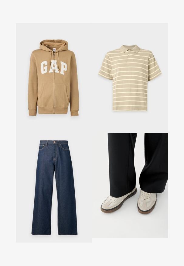 Tan zip-up hoodie med en frontlomme og hvid "GAP" logo. Fremstillet af blødt stof med ribbede manchetter og kant.; Beige polo-shirt med korte ærmer med hvide vandrette striber og to knapper på frontknap.; Vidbenede jeans lavet af mørkt denim med orange syninger, som har fem lommer, en knaplukning foran og en lige silhuet.; Fødder iført beige sneakers med brune såler og sorte bukser med vide ben på hvid baggrund.