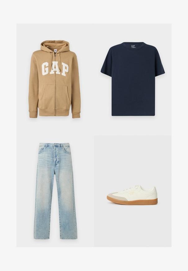 Beige Zip-Hoodie mit einer Vordertasche und weißen "GAP"-Logo. Aus weichem Stoff gefertigt, mit gerippten Bündchen und Saum.; Marineblaues T-Shirt mit kurzen Ärmeln und Rundhalsausschnitt, schlichtes Design, lockere Passform, GAP-Markenetikett im Krageninneren.; Hellblaue, hochgeschnittene Jeans mit geradem Bein, vorne mit Knopf- und Reißverschluss und klassischem Fünf-Taschen-Design vor weißem Hintergrund.; Sneaker aus weißem Leder mit einer beigen Zehenkappe und leichter brauner Gummisohle. Verfügt über flache weiße Schnürsenkel und geprägtes Branding an der Seite.