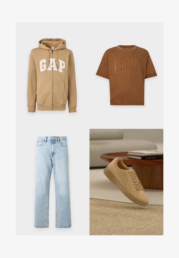 Beezip-up sweatshirt hele tan, millel on eesmine tasku ja valge "GAP" logo. Valmistatud pehmest kangast, millel on soonikust varrukad ja ääred.; Pruun lühikeste varrukatega T-särk, millel on ees kõrgendatud tikitud tähed "GAP", ümara kaelusega ja lõdva lõikega.; Hele sinised kõrge vöökohaga sirge säärega teksapüksid esitaskute, nupuga sulgumise ja vööaasadest ühevärvilisel taustal.; Beežidega paeltega vabaajajalats hõljub tekstuurse vaiba kohal, mille taga on puit diivanilaud ja kuhjad raamatuid uduses taustas.