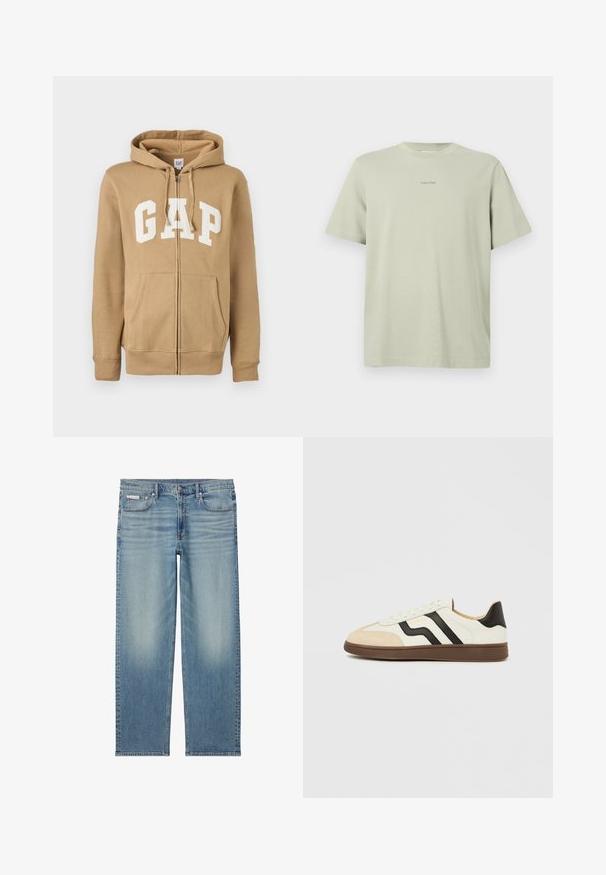 Hoodie zippé en tan avec une poche avant et un logo "GAP" blanc. Fabriqué en tissu doux avec des poignets et un ourlet côtelés.; T-shirt en coton vert clair avec un col rond, des manches courtes et un petit logo Calvin Klein imprimé en une teinte plus foncée sur la poitrine.; Jean droit en denim bleu clair avec détails délavés, bouton et fermeture éclair devant, et design à cinq poches incluant une petite étiquette Calvin Klein sur la poche.; Baskets en cuir blanc avec bandes noires et embout en daim beige. Semelle en caoutchouc brun foncé. Lacets et col rembourré complètent le design.