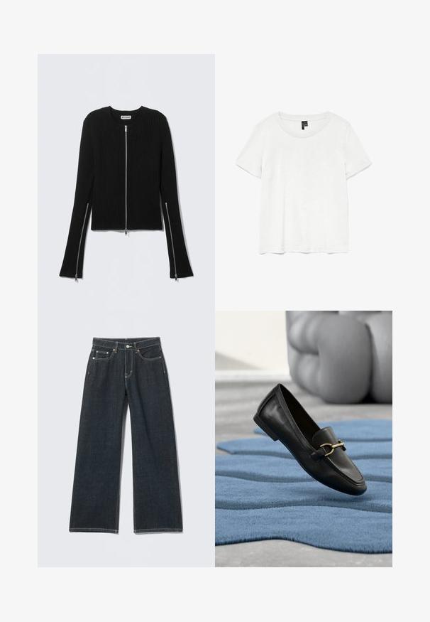 Pull côtelé noir avec un col rond et une fermeture éclair intégrale à l'avant, doté de manches longues avec fermetures éclair aux poignets et d'une coupe courte.; T-shirt blanc à manches courtes avec un col rond, fabriqué en tissu léger. Design simple, texture lisse et ourlet droit.; Jean large à jambes larges bleu foncé avec bouton devant, fermeture éclair, passants pour ceinture et style cinq poches sur un fond clair uni.; Mocassin en cuir noir avec détail boucle dorée flottant au-dessus d'un tapis bleu texturé, coussin gris doux flou en arrière-plan.