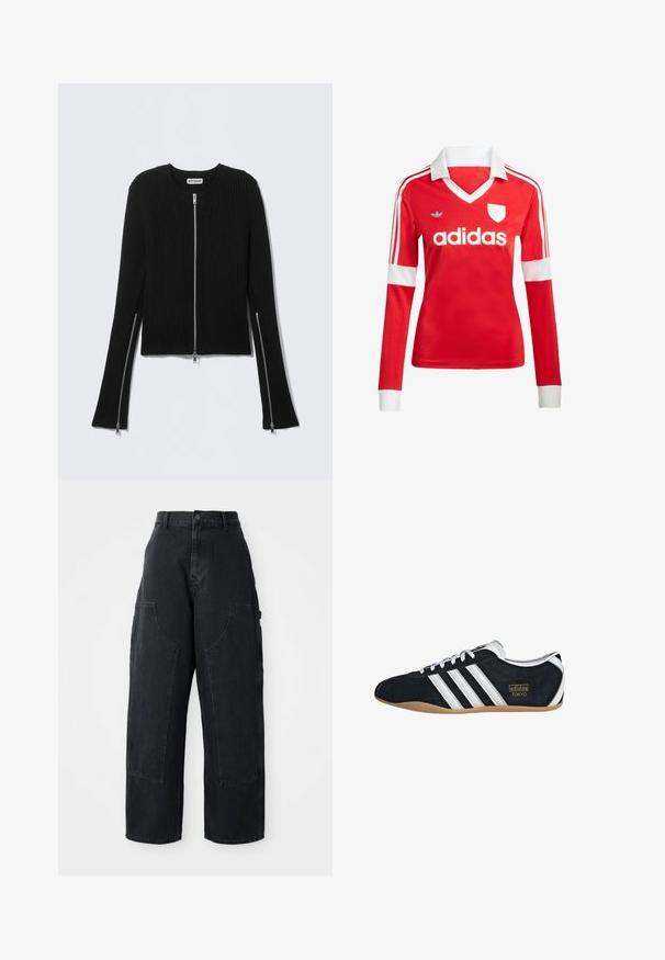 Pull côtelé noir avec un col rond et une fermeture éclair intégrale à l'avant, doté de manches longues avec fermetures éclair aux poignets et d'une coupe courte.; Maillot de football à manches longues rouge avec un col et des poignets blancs. Présente trois rayures blanches sur les épaules et le logo "adidas" affiché en évidence.; Pantalons cargo larges en denim noir à taille haute, avec deux grandes poches avant et une fermeture à bouton à la taille. Texture lisse, design décontracté.; Sneakers en suede noir avec trois bandes blanches, logo doré et semelle en caoutchouc marron. Présente un design à lacets à profil bas.