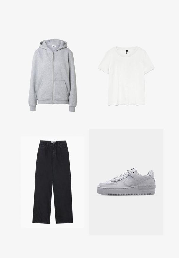 Sweat à capuche gris clair à fermeture éclair, avec poches avant, poignets côtelés et capuche, présenté sur un fond blanc uni.; T-shirt blanc à manches courtes avec un col rond, fabriqué en tissu léger. Design simple, texture lisse et ourlet droit.; Jeans en denim noirs taille haute à jambes larges avec fermeture à bouton et zip à l'avant, passants de ceinture et style à cinq poches.; Basket en cuir lisse gris Nike Air Force 1 avec un bout perforé, une semelle épaisse et un détail 'AIR' en relief sur le talon.