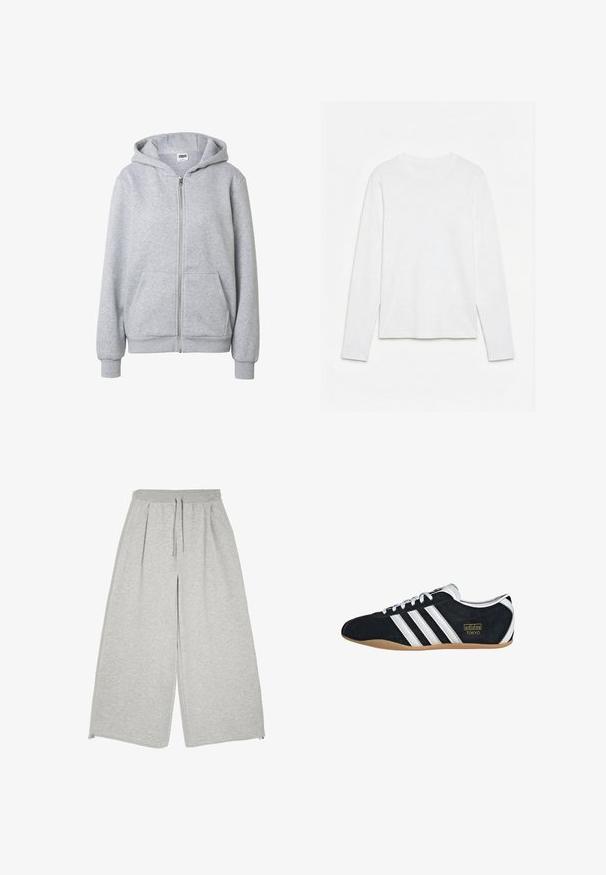Sweat à capuche gris clair à fermeture éclair, avec poches avant, poignets côtelés et capuche, présenté sur un fond blanc uni.; T-shirt blanc uni à manches longues et col rond, posé à plat sur une surface blanche, montrant l'avant et la longueur complète des manches.; Pantalon large gris clair avec taille élastique, cordon, poches latérales et coupe ample et décontractée.; Sneakers en suede noir avec trois bandes blanches, logo doré et semelle en caoutchouc marron. Présente un design à lacets à profil bas.