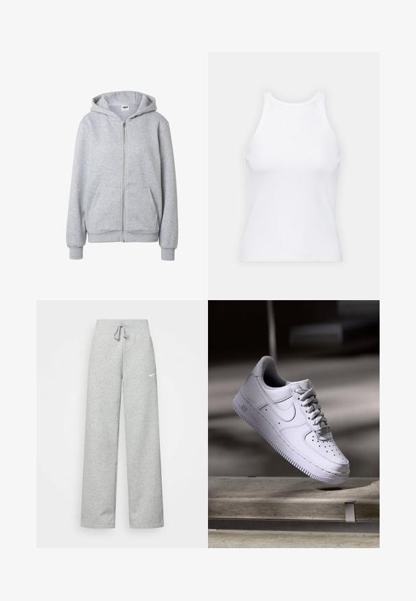 Sweat à capuche gris clair à fermeture éclair, avec poches avant, poignets côtelés et capuche, présenté sur un fond blanc uni.; Débardeur blanc sans manches en tissu côtelé, doté d'un col rond et d'une silhouette ajustée, avec des coutures minimales et sans ornements.; Pantalon de survêtement gris avec une taille élastique, un détail de cordon de serrage et un petit logo Nike blanc sur la cuisse gauche. Tissu doux, coupe ample.; Baskets Nike Air Force 1 blanches lévitant au-dessus d'une surface en béton avec des ombres dans un cadre minimaliste.