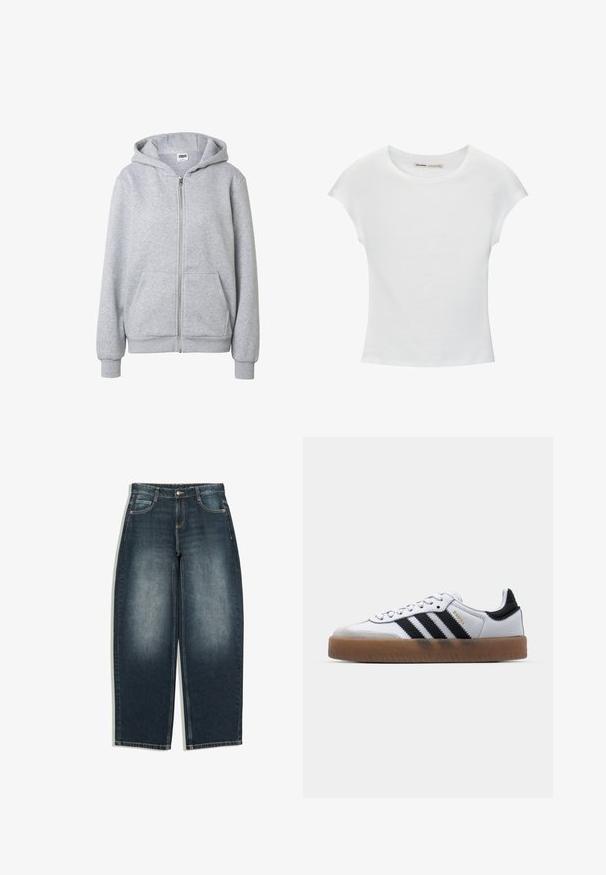 Sweat à capuche gris clair à fermeture éclair, avec poches avant, poignets côtelés et capuche, présenté sur un fond blanc uni.; T-shirt en coton blanc avec manches courtes retroussées, encolure ronde et ourlet droit. Texture lisse sans motifs ni accents visibles.; Jean bleu foncé à jambes larges avec légère décoloration sur l’avant des cuisses, cinq poches, fermeture par bouton et passants de ceinture, présenté à plat sur fond blanc.; Baskets en cuir blanc avec des rayures noires, semelle extérieure en caoutchouc beige, bout rond, fermeture lacée et embout en suède gris doux.