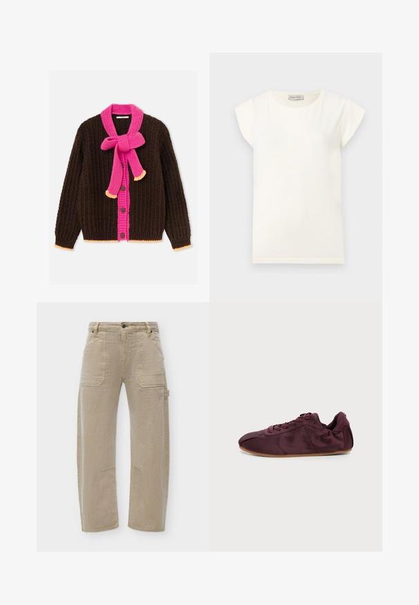 Cardigan marron en maille épaisse avec patte de boutonnage rose, écharpe rose attachée en nœud et bordure pêche aux poignets et à l'ourlet.; T-shirt blanc à manches courtes avec un col rond et une coupe décontractée. Confectionné en tissu doux, avec une texture lisse et un design minimaliste.; Pantalon utilitaire beige à coupe droite avec poches plaquées à l’avant, une poche cargo latérale, passants de ceinture et détails cousus aux genoux.; Baskets basses bordeaux avec laçage à l’avant et semelle en caoutchouc marron sur un fond gris clair uni.