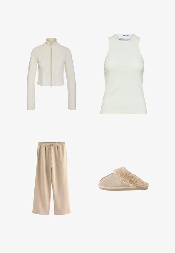 Korte cremede striktrøje med høj krave, fuld lynlås foran og ribbestrik. Har lange ærmer og en tætsiddende pasform.; Ærmeløs hvid ribbet tanktop med rund halsudskæring fra Selected Femme, viser frontvisning uden mønstre eller dekorationer.; Beige vide benbukser lavet af blødt stof, med en elastisk talje og snor, og en diskret prikket tekstur hele vejen igennem.; Beige slip-on tøfler med blødt ruskind yderside og blødt, fluffy inderfor og manchet, designet til komfort indendørs.
