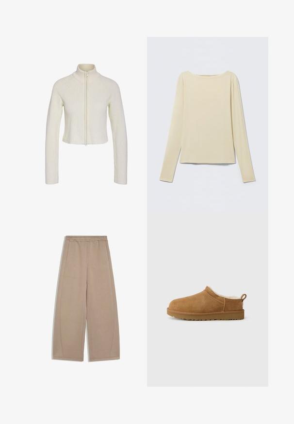 Sweater en tricot crème coupé, avec un col montant, une fermeture éclair sur le devant et une texture côtelée. Il a des manches longues et une coupe ajustée.; Haut beige à manches longues et cintré avec un col bateau, présenté à plat sur un fond clair.; Pantalon beige à jambes larges avec taille élastique et poches latérales, présenté à plat sur fond blanc.; Chaussure mocassin en suède marron avec une douillette doublure en fourrure blanche, semelle plate en caoutchouc, bout arrondi et petite languette au talon.