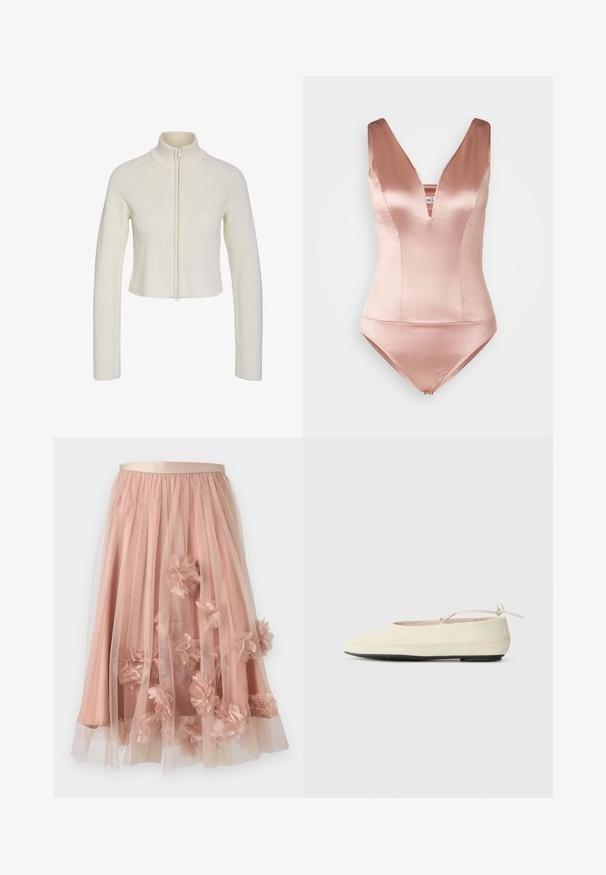 Sweater en tricot crème coupé, avec un col montant, une fermeture éclair sur le devant et une texture côtelée. Il a des manches longues et une coupe ajustée.; Maillot de bain en satin rose avec un décolleté en V profond et de larges bretelles. Comprend un corsage ajusté et une culotte courte. Texture lisse.; Jupe en tulle rose pâle avec une ceinture en satin. Comprend plusieurs couches de tissu transparent et des appliqués floraux en trois dimensions sur toute la surface.; Des chaussures plates de couleur crème avec un bout arrondi, une sangle à la cheville et une semelle en caoutchouc noir contrastante. Matériau lisse avec un detailing minimal.