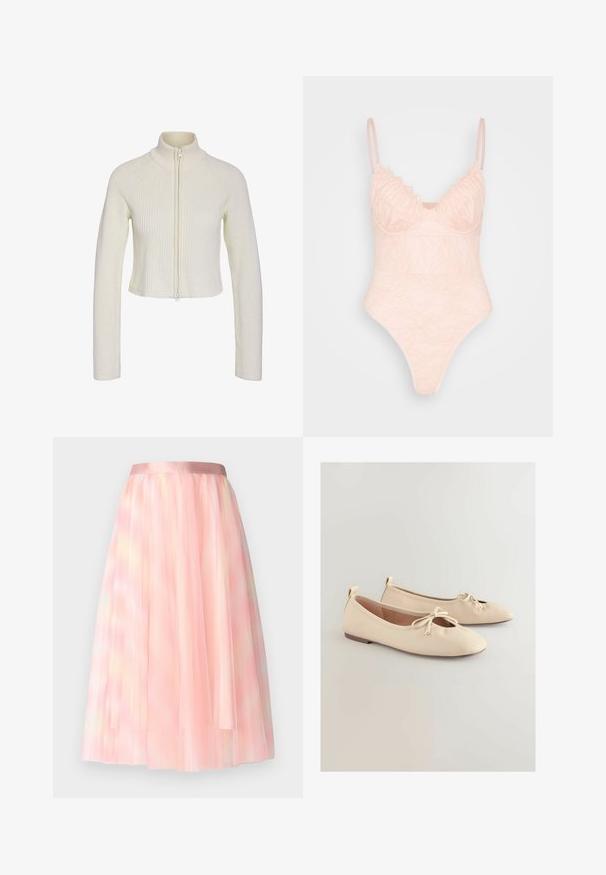 Korte cremede striktrøje med høj krave, fuld lynlås foran og ribbestrik. Har lange ærmer og en tætsiddende pasform.; IN THE STYLE LINGERIE BODYSUIT - Top - rosé; Ida Sjöstedt FLAWLESS SKIRT - A-snit nederdel - pink; Beige ballerinaer med rundet tå, lille sløjfedetalje og lav, flad sål. Glat tekstur med minimalistisk design.