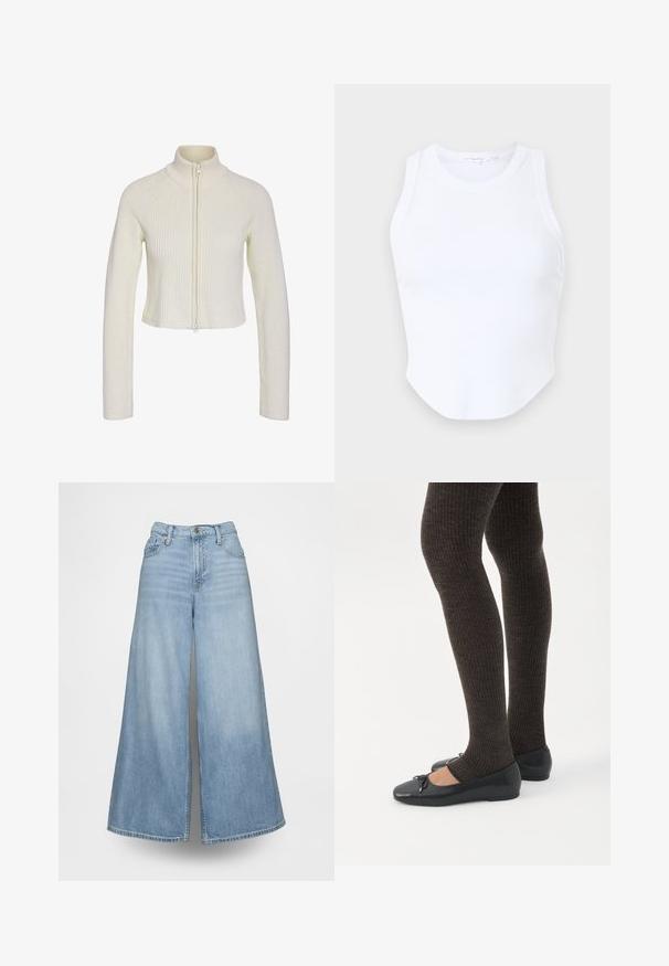 Sweater en tricot crème coupé, avec un col montant, une fermeture éclair sur le devant et une texture côtelée. Il a des manches longues et une coupe ajustée.; Good American MICRO TANK - Débardeur - white; Jean denim bleu clair à jambes larges, avec une taille haute, des poches avant et une fermeture à boutons. Le tissu présente un effet délavé.; Jambes portant des leggings côtelés foncés associés à des ballerines noires avec de petits détails en nœud sur fond blanc.