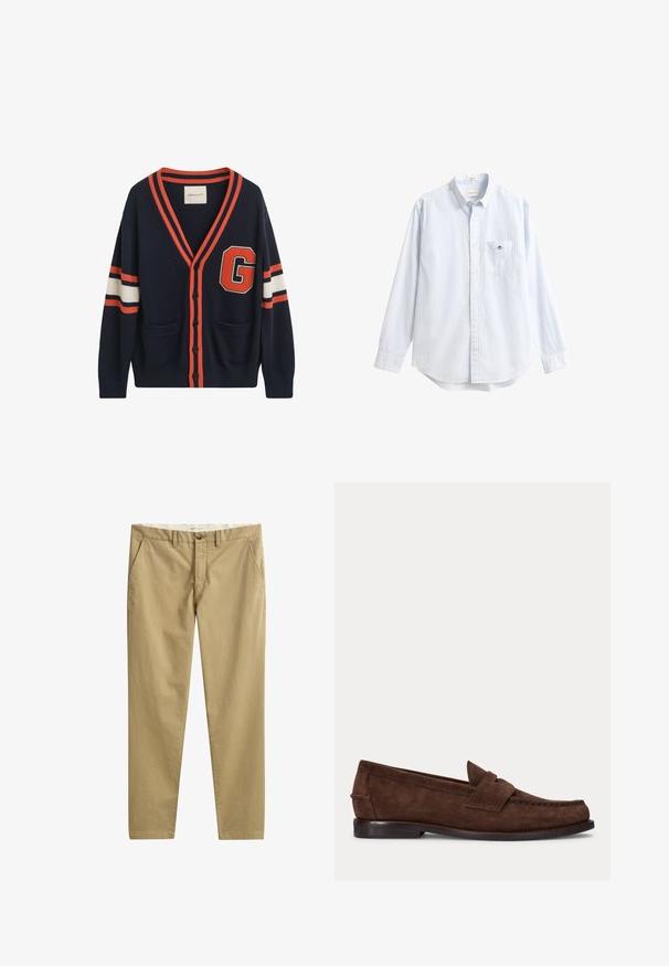 Navy cardigan lavet af strikket stof, med orange og hvide striber på ærmerne, et stort "G" patch og to lommer foran.; Lyseblå og hvide stribet langærmet skjorte med knaplukket krave, lomme på venstre bryst og et lille logo på lommen. Bomuldsstof.; Beige afslappede bukser med lige ben, sidelommer, bæltestropper, knaplukning og lynlås, lavet af mærket GANT.; Brun ruskind penny loafer med lav hæl og synlig syning langs tåen, siden og bagpå, vist på ensartet lys baggrund.