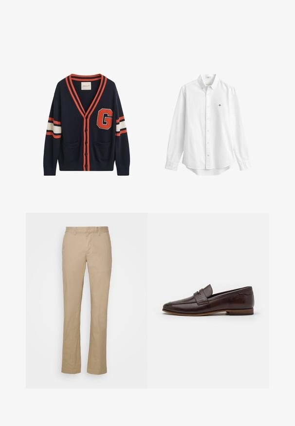 Cárdigan navy hecho de tela de punto, con rayas naranjas y blancas en las mangas, un gran parche con la letra "G" y dos bolsillos delanteros.; Camisa blanca de manga larga con botones, con cuello y pequeño logo bordado en el pecho izquierdo, presentada sobre un fondo liso.; Pantalones rectos beige de tela de algodón con parte delantera plana y trabillas para cinturón. Presenta un cierre de botón único y puños rematados.; Mocasín de cuero marrón con un acento trenzado en la parte superior, acabado suave, puntera ligeramente puntiaguda y un tacón bajo apilado.
