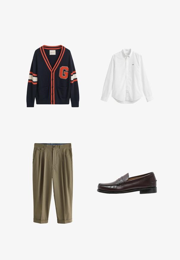 Navy cardigan lavet af strikket stof, med orange og hvide striber på ærmerne, et stort "G" patch og to lommer foran.; Hvid skjorte med lange ærmer, knapper foran, en krave og et lille broderet logo på venstre bryst.; Herre olivengrønne korte bukser med frontfolder, opbukket kant, sidelommer og knaplukket klaplomme over venstre hofte.; Sebago CLASSIC DAN - Business loafers - cordo