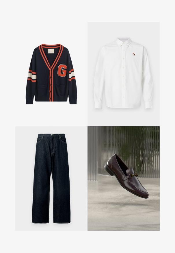 Cárdigan navy hecho de tela de punto, con rayas naranjas y blancas en las mangas, un gran parche con la letra "G" y dos bolsillos delanteros.; Camisa blanca abotonada hecha de algodón. Cuenta con mangas largas, cuello clásico y un pequeño bordado de alce en el pecho izquierdo.; Jeans de mezclilla anchos de color azul oscuro con cierre de botón y cremallera en el frente, trabillas para cinturón y costuras visibles en los bolsillos y costuras.; Mocasín de cuero marrón con acabado liso, punta cuadrada y detalle de herrajes en tono dorado. Cuenta con un tacón bajo y detalles de costuras sutiles.