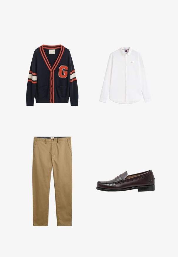 Navy cardigan lavet af strikket stof, med orange og hvide striber på ærmerne, et stort "G" patch og to lommer foran.; Hvid langærmet skjorte med knapper og krave samt lille rød, hvid og blå logo på venstre bryst.; Khaki bomuldsbukser med lige pasform, der har sidelommer, knaplukning og et struktureret stof.; Sebago CLASSIC DAN - Business loafers - cordo