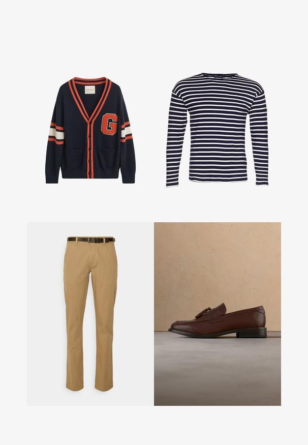 Navy cardigan lavet af strikket stof, med orange og hvide striber på ærmerne, et stort "G" patch og to lommer foran.; Armor lux LOCTUDY MARINIÈRE - Langærmet T-shirt - navire/nature; Beige bomuldsblandingsbukser med lige ben-design og et mørkebrunt bælte. Har forlommer og en ren hem-finish.; Brun læderloafer med kvaster, der svæver over et tekstureret beige tæppe med et rundt træbord og stablede bøger i baggrunden.