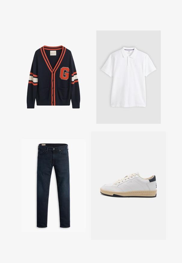 Navy cardigan lavet af strikket stof, med orange og hvide striber på ærmerne, et stort "G" patch og to lommer foran.; Hvid kortærmet poloshirt med krave og toknapslukning, lagt fladt på en lys grå baggrund.; Mørkeblå slim-fit jeans med fem lomme-design og knaplukning, lagt fladt på en hvid baggrund.; Hvide lædersneakers med beige sål og marineblå hælafsats, udstyret med seks beige snørebånd, præget logo på siden og struktureret gumm Sål.