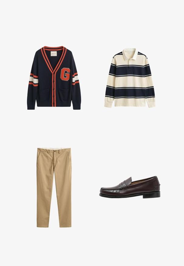 Navy cardigan lavet af strikket stof, med orange og hvide striber på ærmerne, et stort "G" patch og to lommer foran.; Langærmet rugbytrøje med hvid krave og brede navyblå og hvide vandrette striber over krop og ærmer.; Beige chinos med lige ben, bæltestropper, frontknap, lynlås og sidelommer, vist fladt på en hvid baggrund.; Sebago CLASSIC DAN - Business loafers - cordo