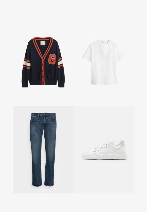 Cárdigan navy hecho de tela de punto, con rayas naranjas y blancas en las mangas, un gran parche con la letra "G" y dos bolsillos delanteros.; Camiseta blanca de manga corta con cuello redondo, con pequeño logo de escudo bordado en el pecho izquierdo y etiqueta GANT en el interior del cuello.; Vaqueros de mezclilla en azul oscuro, corte recto. Cuenta con cinco bolsillos, herrajes de cobre y un ligero efecto de desgastado en la parte delantera. Textura suave.; Zapatillas de cuero blanca con un acabado suave, punta redondeada, cordones planos y una suela texturada. Acento de ante gris en el talón.