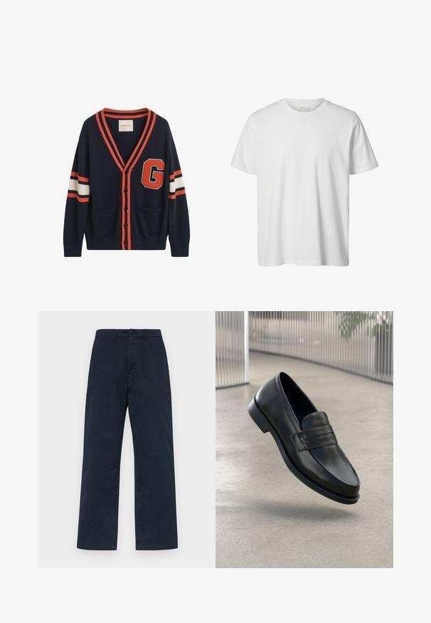 Navy cardigan lavet af strikket stof, med orange og hvide striber på ærmerne, et stort "G" patch og to lommer foran.; Enkelt hvid T-shirt med korte ærmer og rund hals, løs pasform og uden synlige logoer eller designs foran.; Marineblå bomuldsbukser med lige ben design, med frontknaplukning og bæltestropper. Enkel, ensfarvet struktur uden mønstre.; Sort lædersko med glat tekstur, spids tå og en dekorativ rem over vristen. Letvægts sål, minimalistisk design.