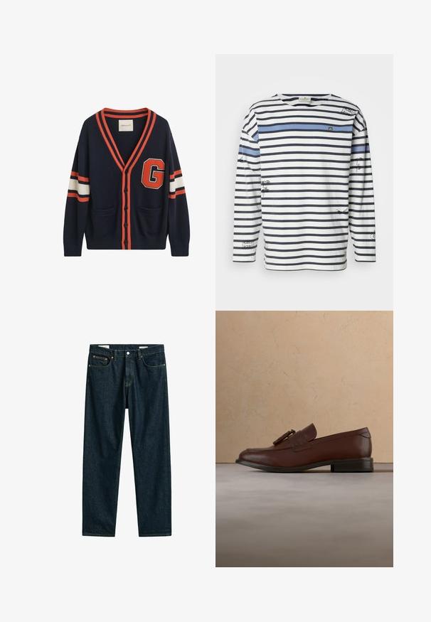 Cárdigan navy hecho de tela de punto, con rayas naranjas y blancas en las mangas, un gran parche con la letra "G" y dos bolsillos delanteros.; Camiseta de manga larga con rayas horizontales en azul marino y blanco, una franja de acento azul y ilustraciones gráficas en la parte delantera y en las mangas.; Vaqueros de mezclilla azul oscuro con botón y cremallera frontal, cinco bolsillos y costuras contrastantes en color naranja.; Mocasín marrón de cuero con borlas flotando sobre una alfombra beige texturizada, con una mesa redonda de madera y libros apilados en el fondo.