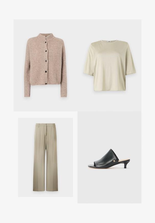 Beige gebreide cardigan met een hoge kraag, geribbelde textuur en vijf zwarte knopen aan de voorkant. Korte, iets losse mouwen.; Korte mouw, losse top in lichtbeige, met een ronde halslijn en een zachte textuur, gemaakt van een gladde, lichte stof.; Wijde broek met een zachte beige stof, voorzien van een flatte voorkant, riemlussen en een gladde textuur. Standaard tailleband zonder zichtbare patronen.; Zwarte leren open teen muiltjes met een lage hak. Heeft een glad oppervlak en een gouden logo accent aan de zijkant.