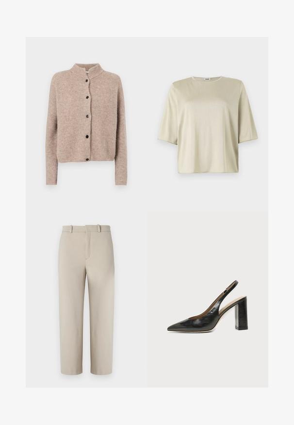 Beige strikket cardigan med høj krave, ribbet tekstur og fem sorte knapper foran. Korte, lidt løse ærmer.; Kortærmet, løstsiddende top i lys beige med rund halsudskæring og blød tekstur, lavet af et glat, let materiale.; Beige cropped bukser, skræddersyet design, flad foran med skjult lynlås, to sidelommer, lavet af glat bomuldsblandet stof.; Sort læder peep-toe slingback sko med høj blokhæl og beige indvendig foring mod en ensfarvet lys baggrund.