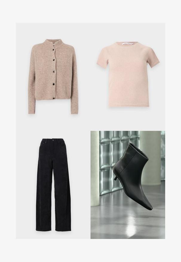 Cárdigan de punto beige con un cuello alto, textura acanalada y cinco botones negros en la parte delantera. Mangas cortas y ligeramente holgadas.; Camiseta de manga corta color rosa claro, fabricada en tejido acanalado, con un escote redondo y un corte relajado. Diseño simple y sin costuras.; Pantalones de sarga ancha negros con una cintura alta, que cuentan con dos bolsillos frontales y una sutil textura de canalé vertical.; Botín negro de cuero con punta puntiaguda y tacón bajo estilo kitten, mostrado en ángulo sobre un suelo pulido y con una pared de bloques de vidrio de fondo.