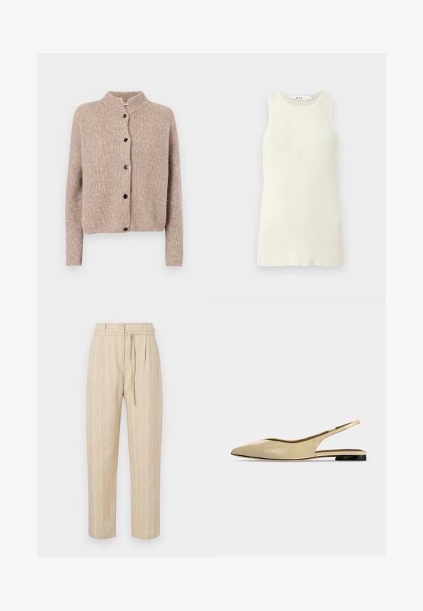Beige gebreide cardigan met een hoge kraag, geribbelde textuur en vijf zwarte knopen aan de voorkant. Korte, iets losse mouwen.; Mouwloze crèmekleurige tanktop van ribstof, met een ronde halslijn en een aansluitend ontwerp. Geen zichtbare patronen of accenten.; Beige gestreepte broek met een relaxte pasvorm, voorzien van een geplooid taille, knoopsluiting en strikceintuur, gemaakt van lichtgewicht stof.; Beige platte slingback schoen met puntige neus, lage zwarte hak en een glad leren afwerking, zijaanzicht op een effen achtergrond.