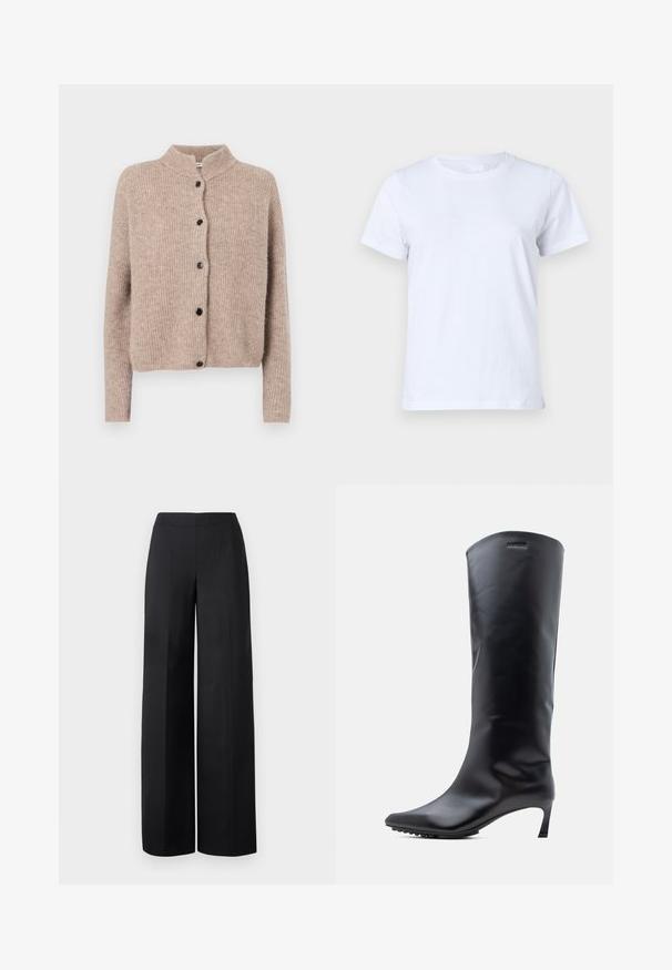 Beige strikket cardigan med høj krave, ribbet tekstur og fem sorte knapper foran. Korte, lidt løse ærmer.; Hvid bomulds T-shirt, korte ærmer, klassisk crew neck design, ensartet tekstur uden mønstre eller accenter, standard pasform, enkel og alsidig.; Sorte brede benbukser lavet af glat stof. Har en høj talje og rene, lige linjer uden synlige lommer eller pynt.; Knæhøj sort læderstøvle med spids tå og slank, høj hæl. Glat tekstur med minimal hardware og mærkelogo nær toppen.