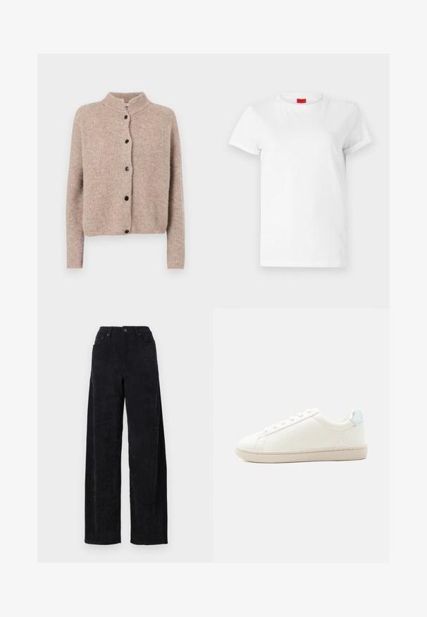 Beige gebreide cardigan met een hoge kraag, geribbelde textuur en vijf zwarte knopen aan de voorkant. Korte, iets losse mouwen.; Witte T-shirt met korte mouwen, gemaakt van lichtgewicht katoen. Heeft een ronde hals en opgerolde mouwen. Rode merketiket op de kraag.; Zwarte corduroy wijde pijpen broek met een hoge taille, voorzien van twee zakken aan de voorkant en subtiele verticale ribbelstructuur.; Witte lage sneaker met veters aan de voorkant, lichtbeige zool, subtiel gestikt ontwerp aan de zijkant en metalen zilveren hielstuk.