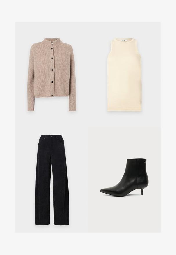 Beige strikket cardigan med høj krave, ribbet tekstur og fem sorte knapper foran. Korte, lidt løse ærmer.; Lys beige ærmeløs top lavet af ribbet stof, med en rund halsudskæring og tætsiddende design. Glat tekstur med minimale sømme.; Sorte fløjlsbukser med vid ben og høj talje, der har to forlommer og en subtil vertikal ribbet tekstur.; Sort læder ankelstøvle med spids tå og lav kitten hæl på lys baggrund, der viser yderside.