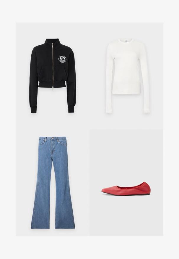 Schwarzes, kurz geschnittenes Sweatshirt mit hohem Kragen, Frontreißverschluss, zwei Taschen und einem weißen Grafik-Patch mit einem Pferdemotiv.; Weißes langärmeliges T-Shirt aus weicher Baumwolle. Verfügt über einen runden Halsausschnitt, eine taillierte Silhouette und eine glatte Textur. Keine Muster oder Akzente.; Hellblaue, ausgestellt geschnittene Jeans mit hoher Taille, die ein klassisches Fünf-Taschen-Design und Kontrastnähte entlang der Nähte aufweisen.; Filippa K REY FLATS - Klassischer Ballerina - bright red