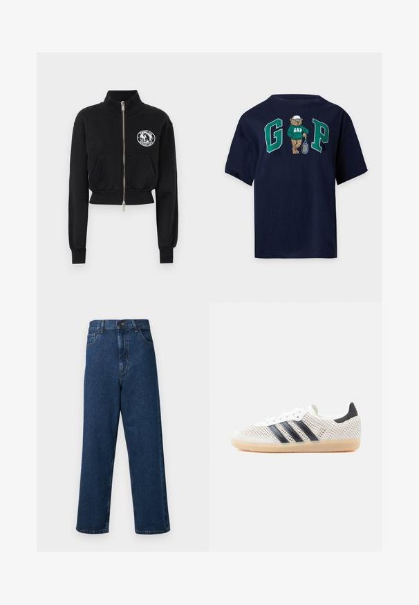 Schwarzes, kurz geschnittenes Sweatshirt mit hohem Kragen, Frontreißverschluss, zwei Taschen und einem weißen Grafik-Patch mit einem Pferdemotiv.; Dunkelblaues T-Shirt mit einem Bären, der einen grünen GAP-Hoodie und eine weiße Kappe trägt und einen Tennisschläger zwischen großen grünen Buchstaben G und P hält.; Hochtaillierte blaue Jeans aus Denim mit weitem Bein Design, ausgestattet mit fünf Taschen, einem Frontknopfverschluss und genähten Details entlang der Nähte.; Weiße Mesh-Sneaker mit schwarzem Drei-Streifen-Design, abgerundeter Spitze und Gummisohle. Verfügen über einen weichen Fersenkragen und Schnürverschluss.