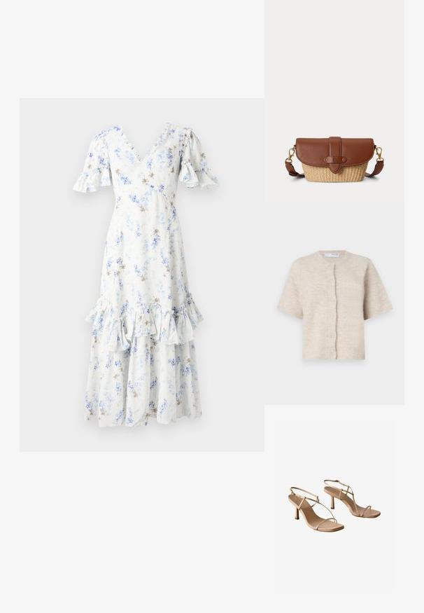 Cárdigan beige de manga corta hecho de un material suave y texturizado, con un escote redondo y seis botones a juego en la parte delantera.; Vestido midi floral en azul claro y blanco con mangas abullonadas, escote en V y dobladillo con volantes, que presenta acentos y patrones en marrón oscuro dispersos.; Sandalias de tacón alto nude con diseño de punta cuadrada, que presentan tiras delgadas, una correa ajustable en el tobillo y un tacón esbelto de 3 pulgadas.; Bolso bandolera de cuero marrón y paja tejida con cierre de solapa y correa ajustable con cierres en tono dorado.