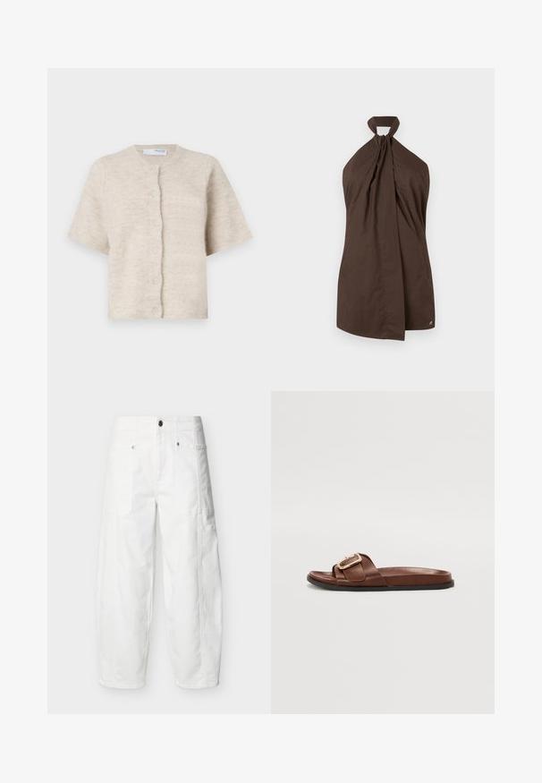 Beige kortærmet cardigan lavet af blødt, tekstureret materiale med en rund halsudskæring og seks matchende knapper fortil.; Brun haltertop med knyttet halsudskæring, draperet stof og et broderet logo nederst til højre. Fremstillet af letvægtsmateriale.; Hvide bukser med vidde ben, frontlommer med påsyet lommer, knaplukning og synlige sømdetaljer, vist på en ensfarvet baggrund.; Brune læder slid sandal med en bred rem og et guld spænde som accent, flad sål og glat overflade.