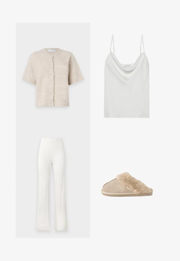 Beige kortærmet cardigan lavet af blødt, tekstureret materiale med en rund halsudskæring og seks matchende knapper fortil.; Hvid satin camisole med en draperet udskæring, tynde justerbare stropper og en lige afslutning. Mærket "ANNA FIELD" er synligt indeni.; Hvide bukser med bredde nederst, fremstillet af tekstureret stof med lodrette ribber. Elastisk talje, ingen synlige lukninger eller lommer.; Beige slip-on tøfler med blødt ruskind yderside og blødt, fluffy inderfor og manchet, designet til komfort indendørs.